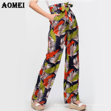 Hot Fitness Casual Plus Size Floral Print Boho Beach High Waist Loose Wide Leg Chiffon Women's Pants